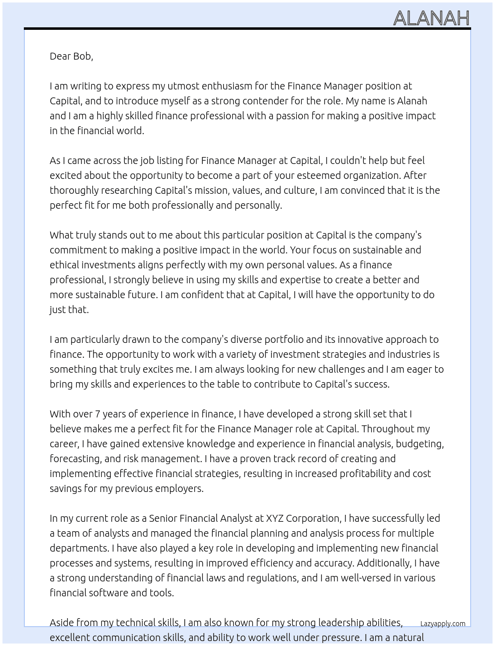 Finance Manager At Capital Cover Letter