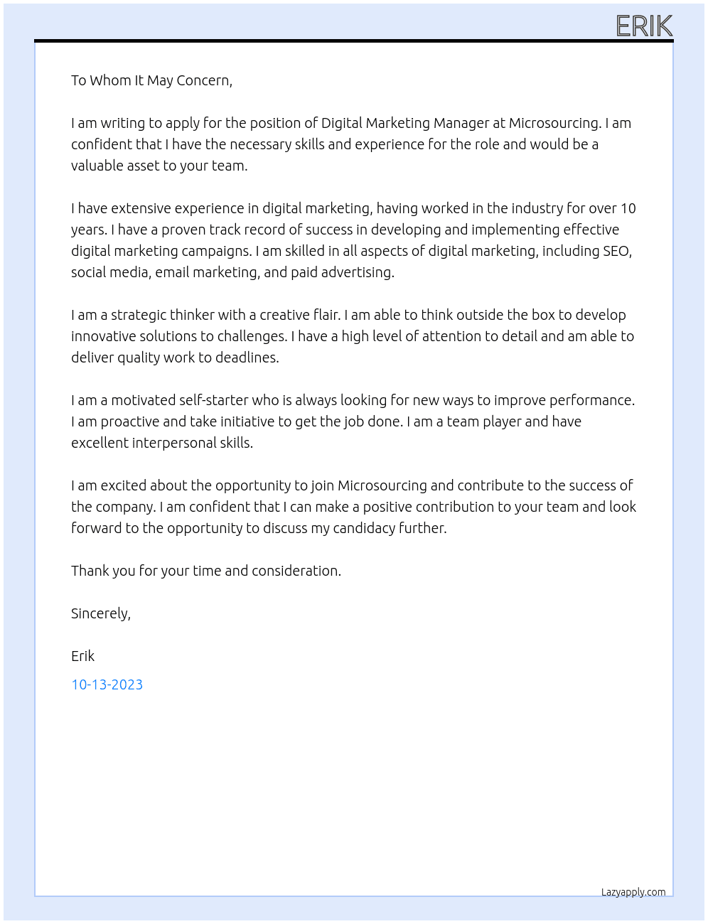 digital marketing manager At Microsourcing Cover Letter