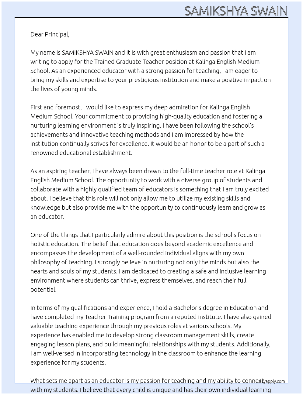 Trained Gradutae Teacher At Kalinga English Medium School Cover Letter