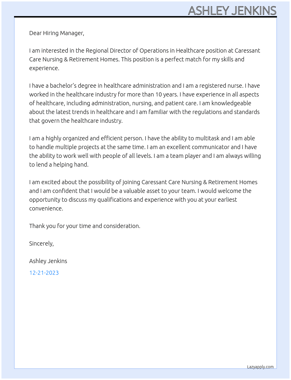 Regional Director of Operations in Healthcare At Caressant Care Nursing & Retirement Homes Cover Letter