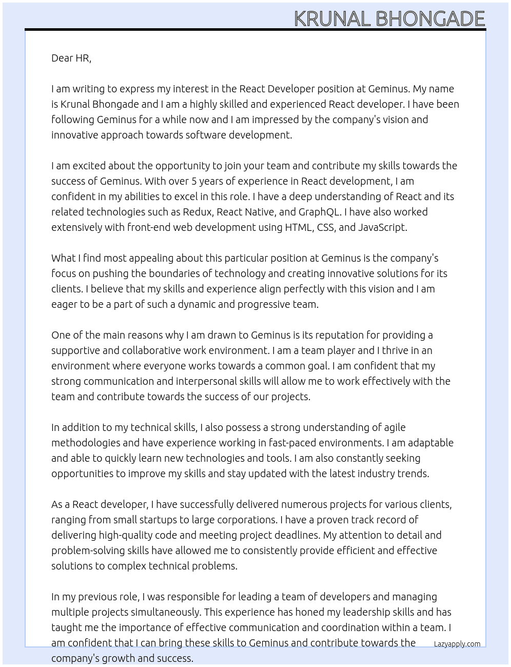 React developer At Geminus Cover Letter