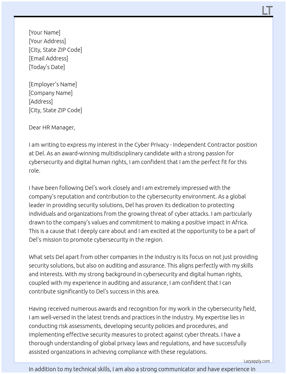 Cyber privacy - independent contractor At Del Cover Letter