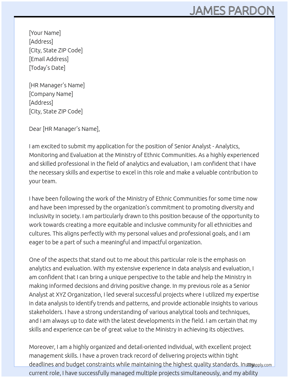 Senior Analyst - Analytics, Monitoring and Evaluation At Ministry of Ethnic Communities Cover Letter
