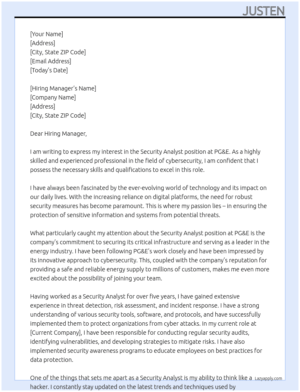 Security Analyst At PG&E Cover Letter