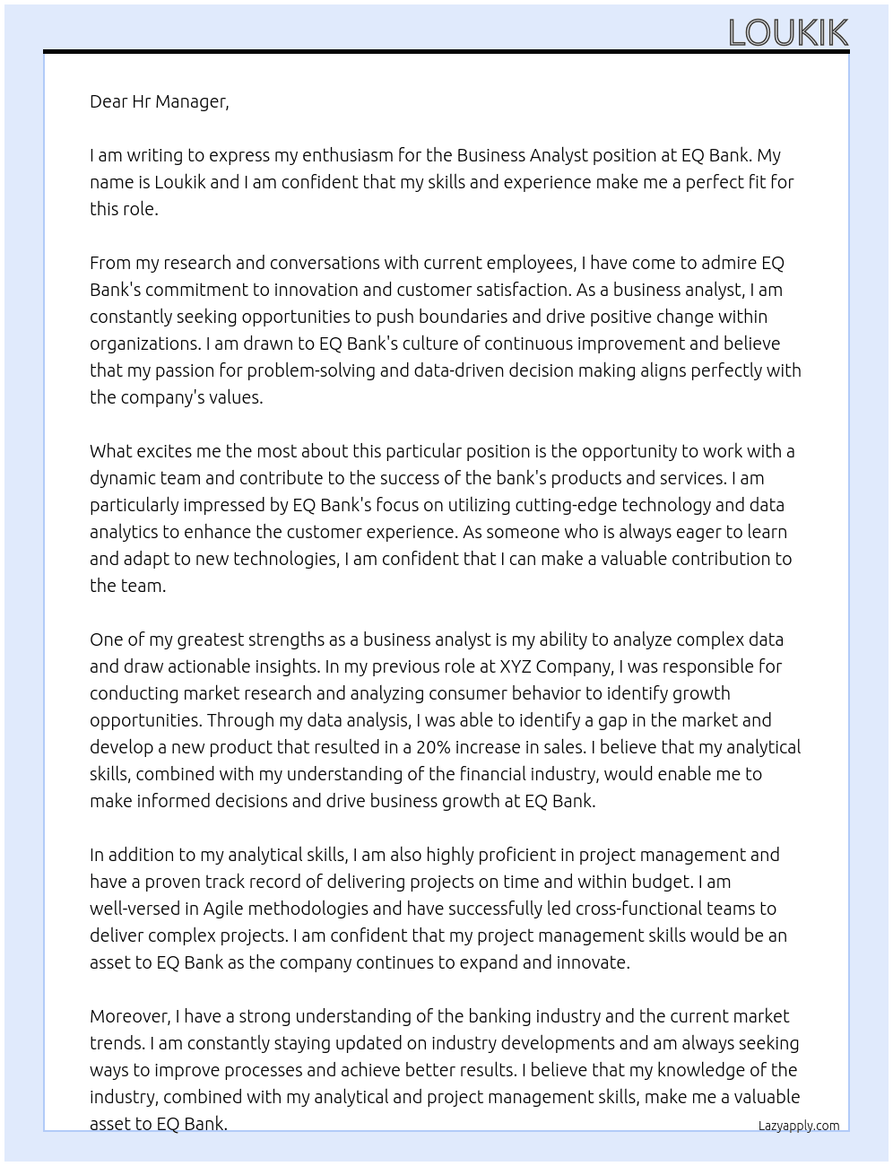 Business analyst At EQ bank Cover Letter