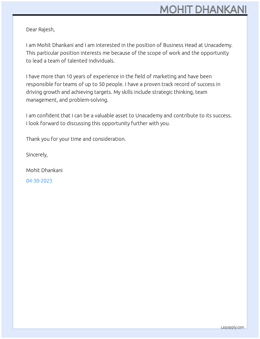 Business Head At Unacademy Cover Letter
