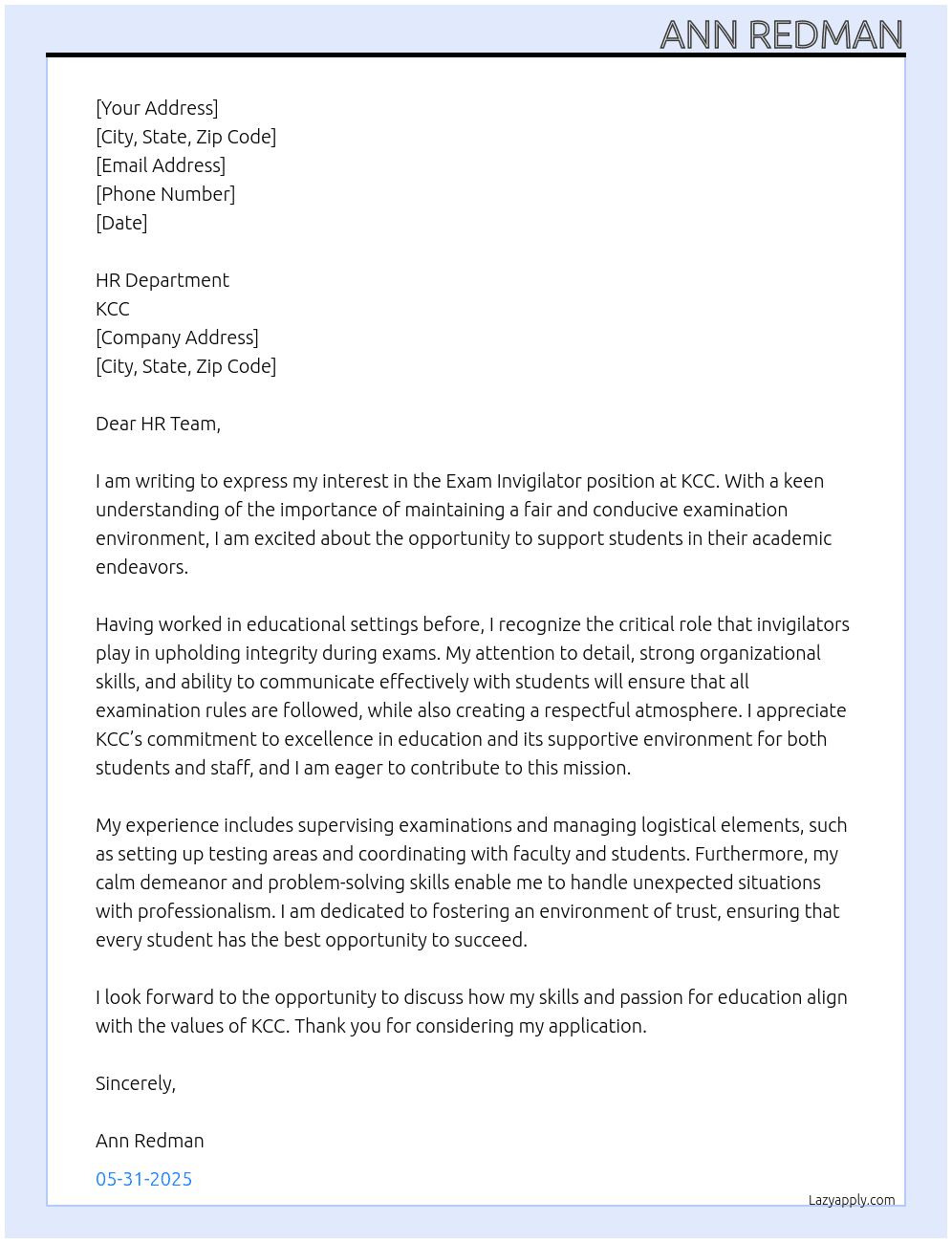 Cover letter for exam invigilator - LazyApply