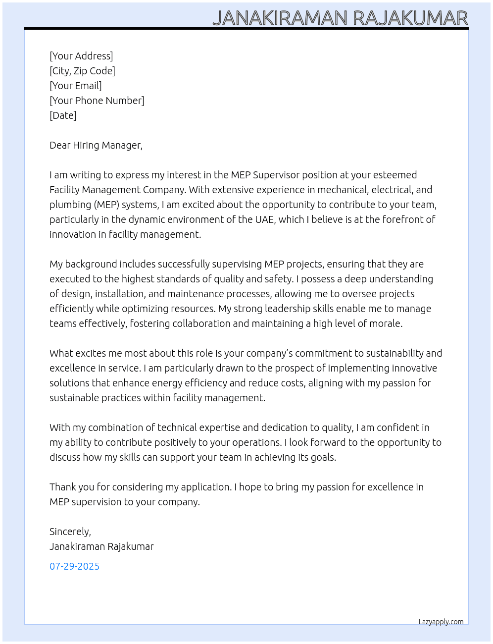 MEP SUPERVISOR  At Facility management company  Cover Letter