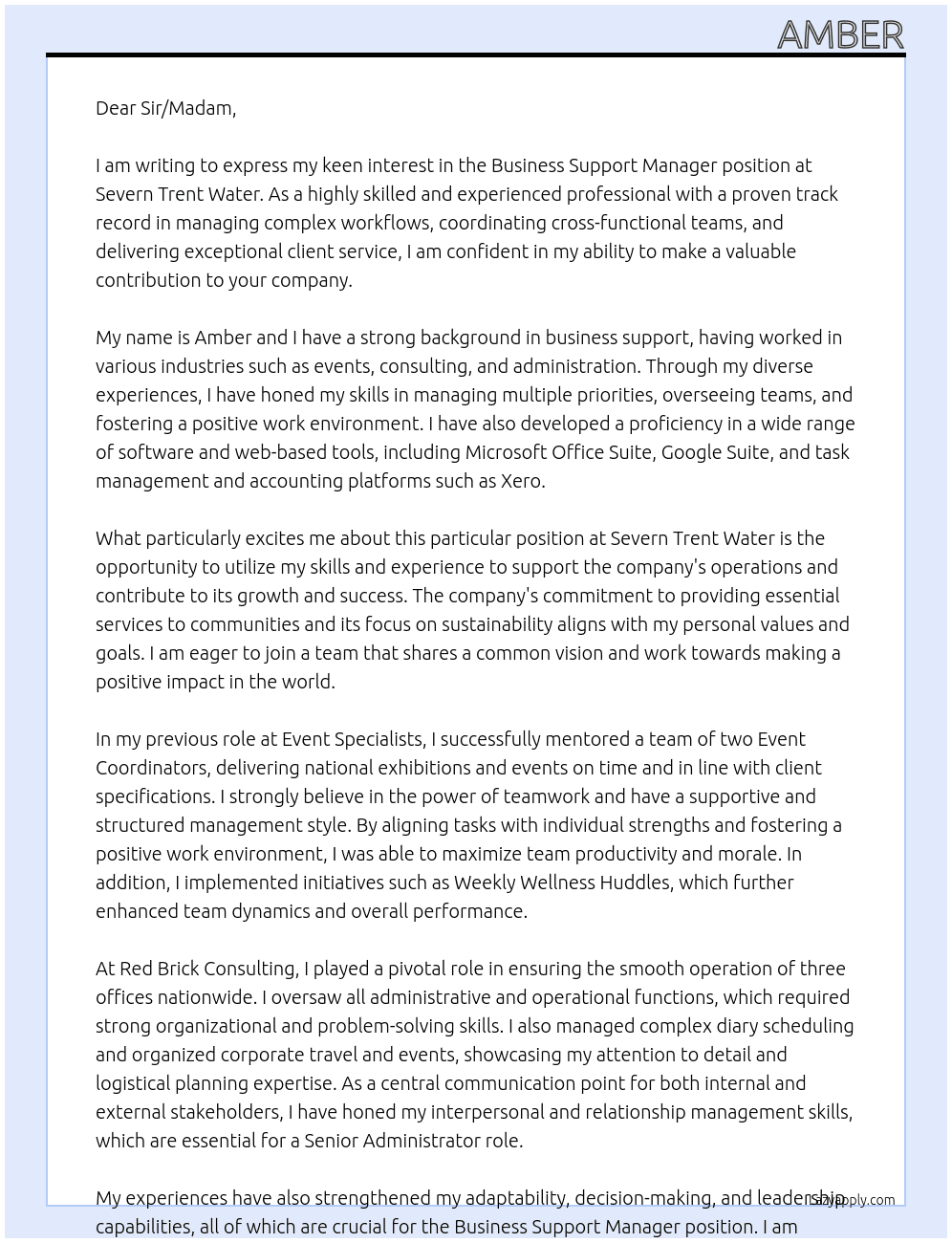 Business Support Manager At Severn Trent Water Cover Letter