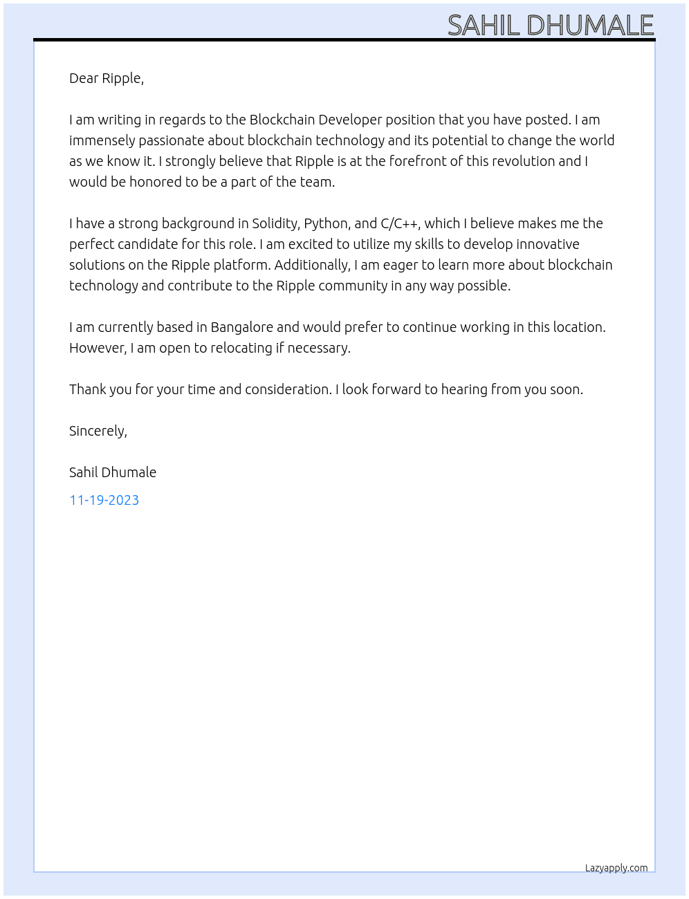Blockchain Developer At Ripple Cover Letter