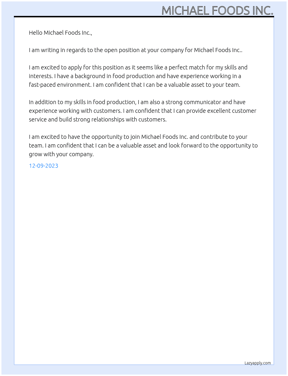 Michael Foods Inc. At Michael Foods Inc. Cover Letter