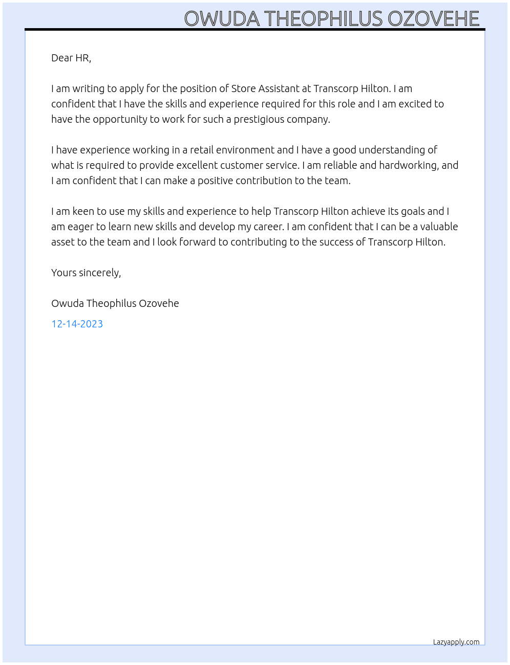 Store assistant  At Transcorp Hilton  Cover Letter