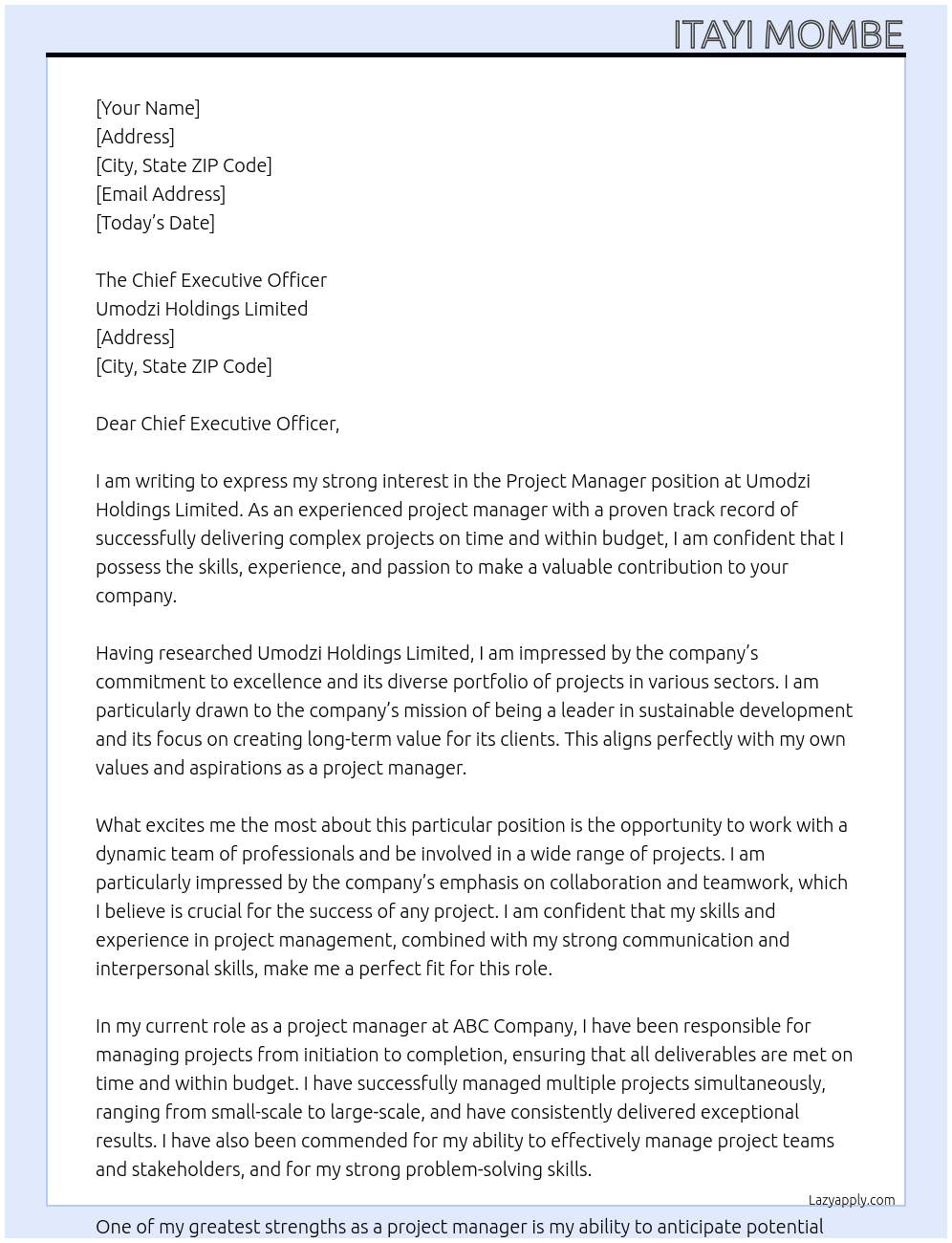Project Manager At Umodzi Holdings Limited Cover Letter