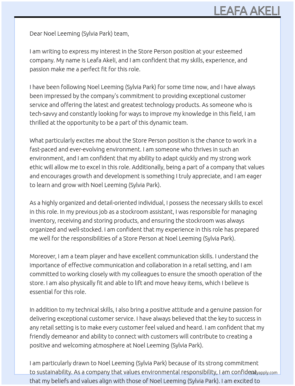 Store Person At Noel Leeming (Sylvia Park) Cover Letter