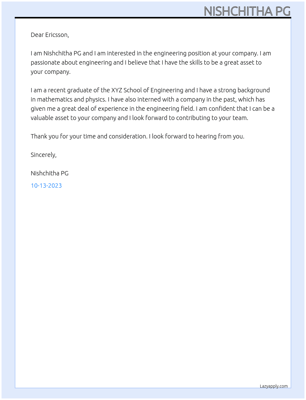 engineering At Erecssion Cover Letter