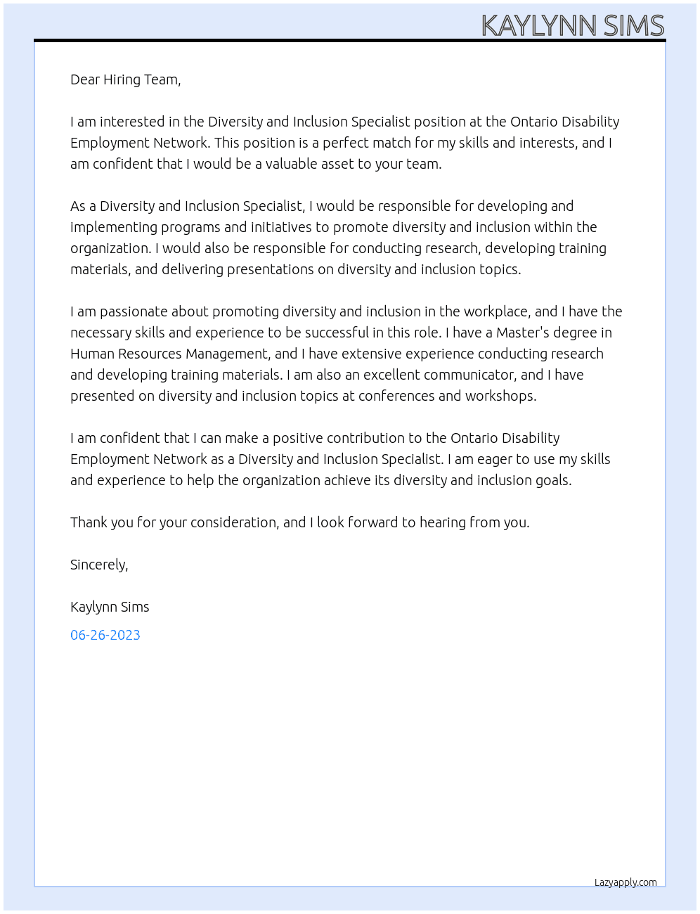 Diversity and Inclusion Specialist At Ontario Disability Employment Network Cover Letter