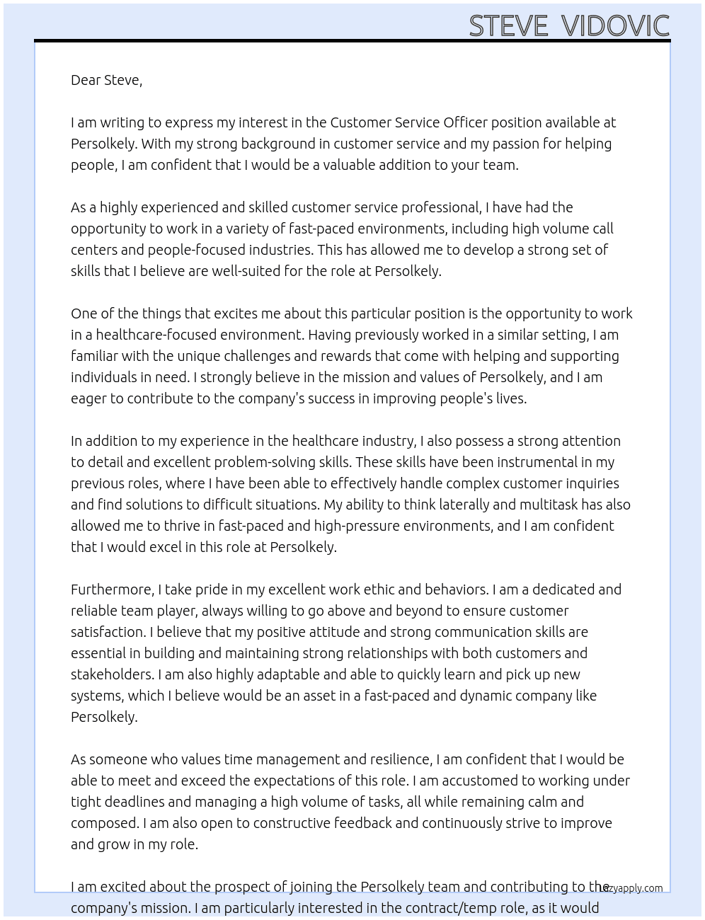 Customer Service Officer At Persolkely Cover Letter