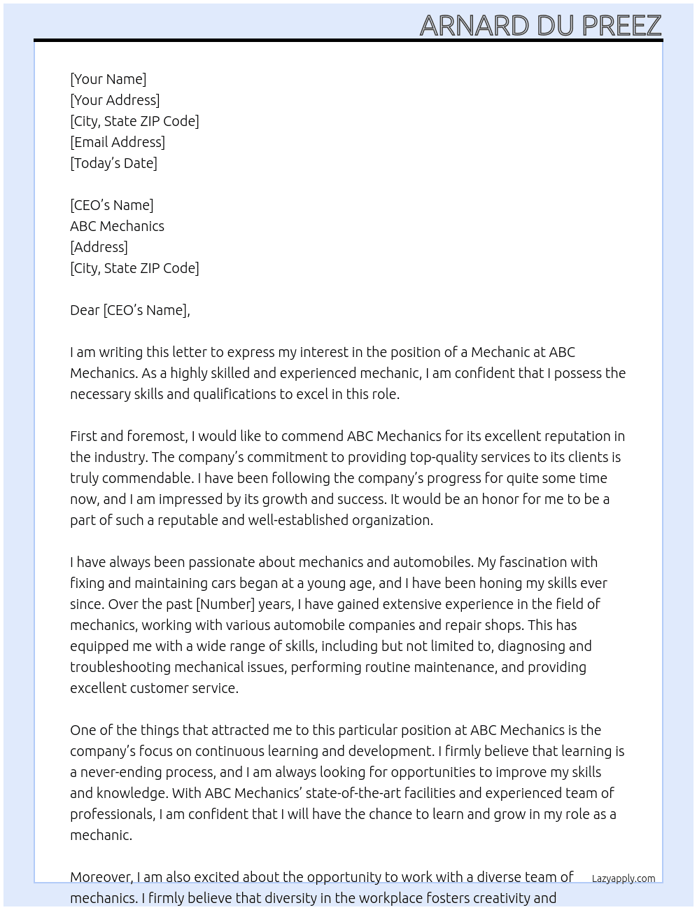 mechanic At abc mechanics Cover Letter