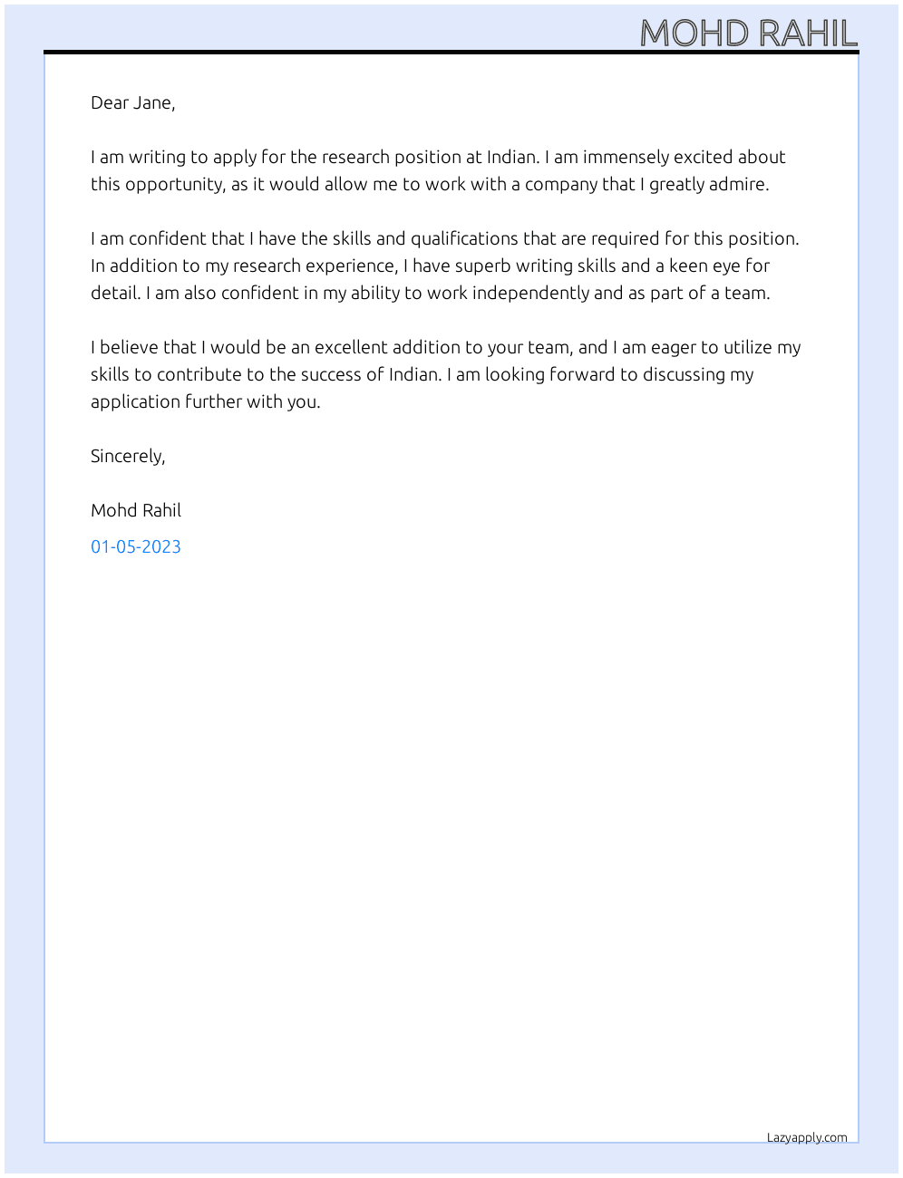 research  At Indian Cover Letter
