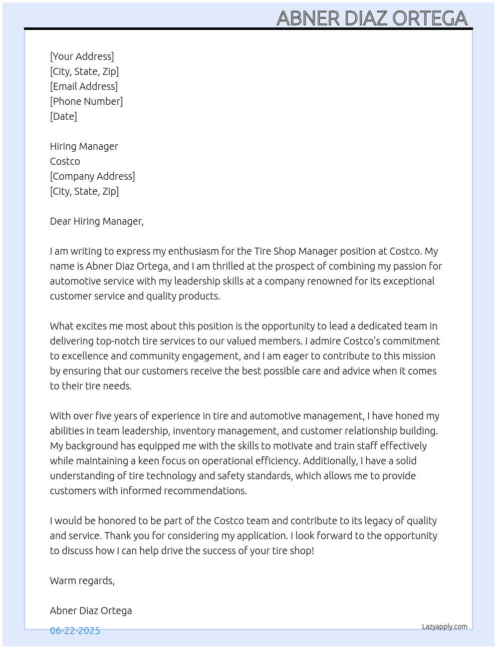 Tire Shop Manager  At Costco  Cover Letter