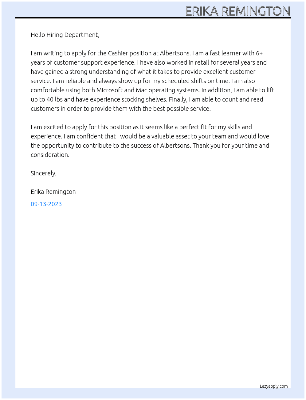 Cashier At Albertsons Cover Letter