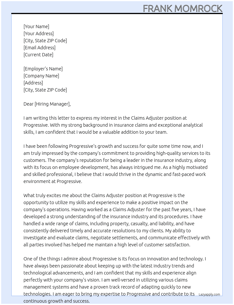 claims adjuster At Progressive Cover Letter