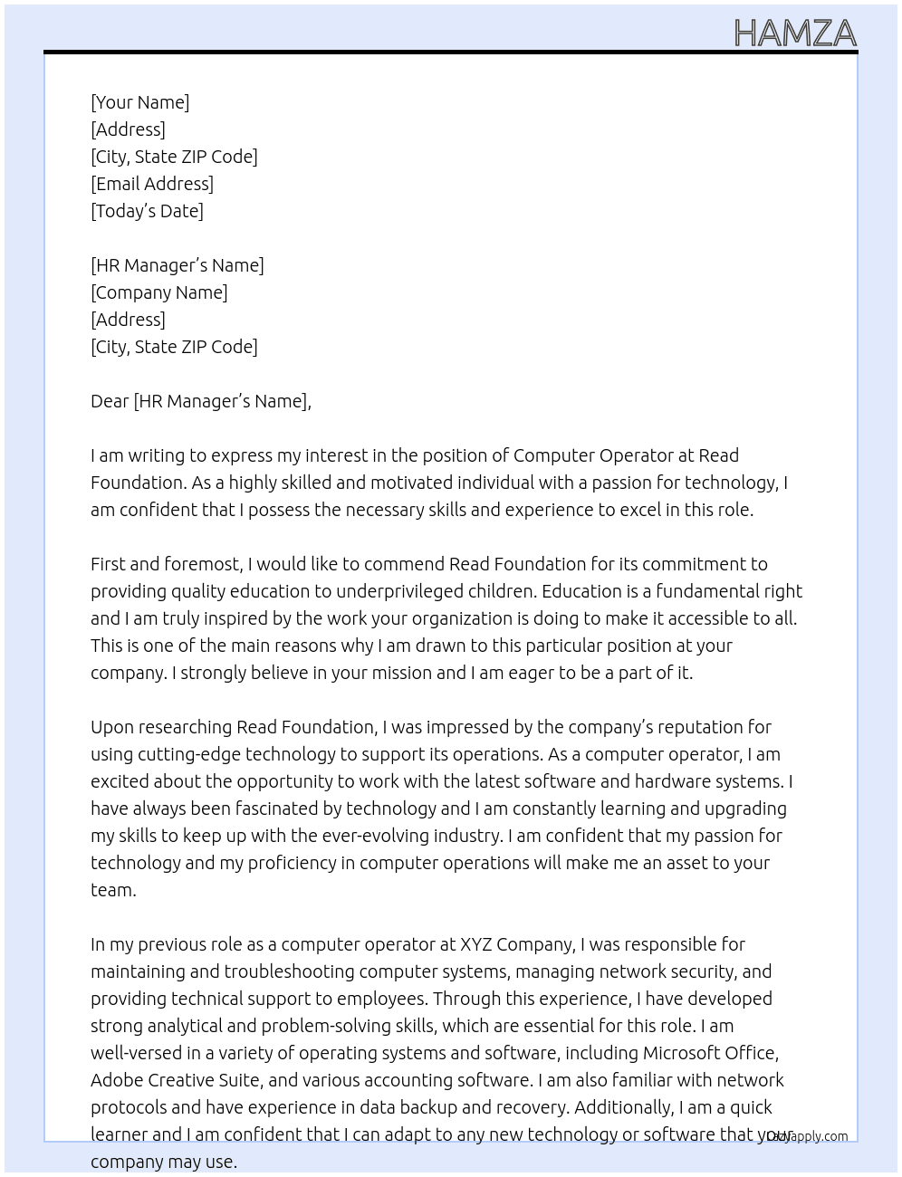 computer operator At read foundation Cover Letter