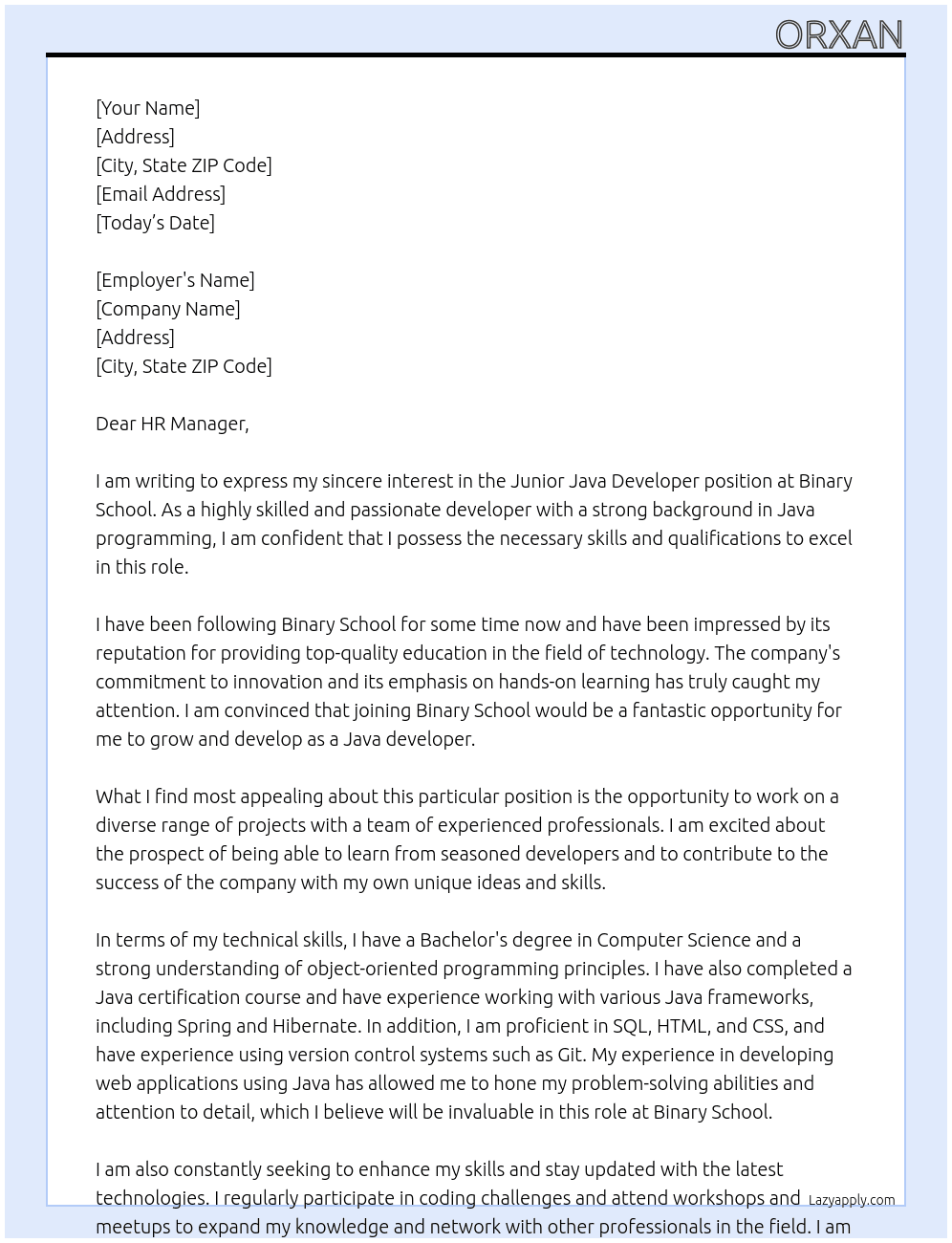 Junior Java developer At Binary school Cover Letter