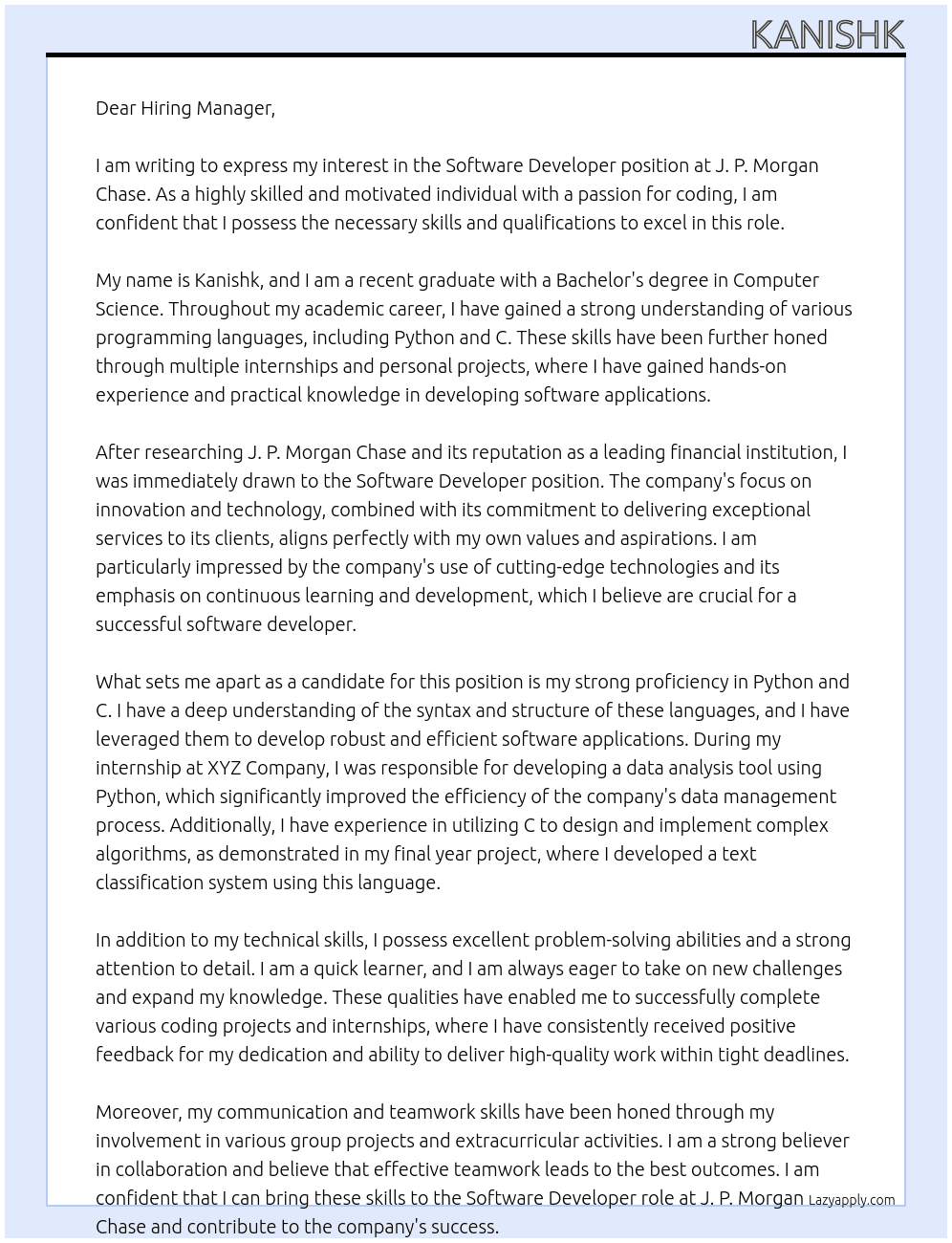 Software Developer At J. P. Morgan Chase Cover Letter