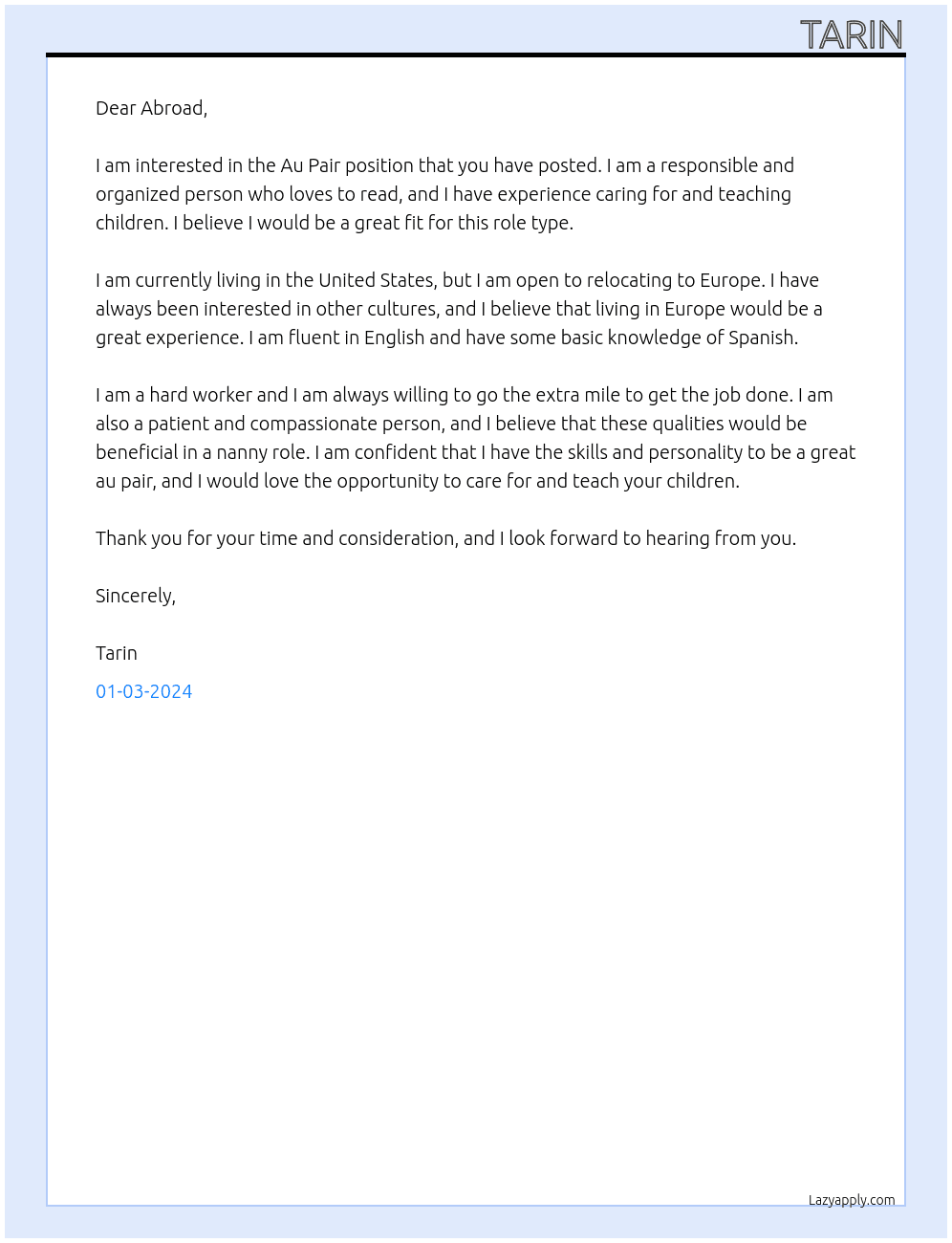 Au Pair At Abroad Cover Letter