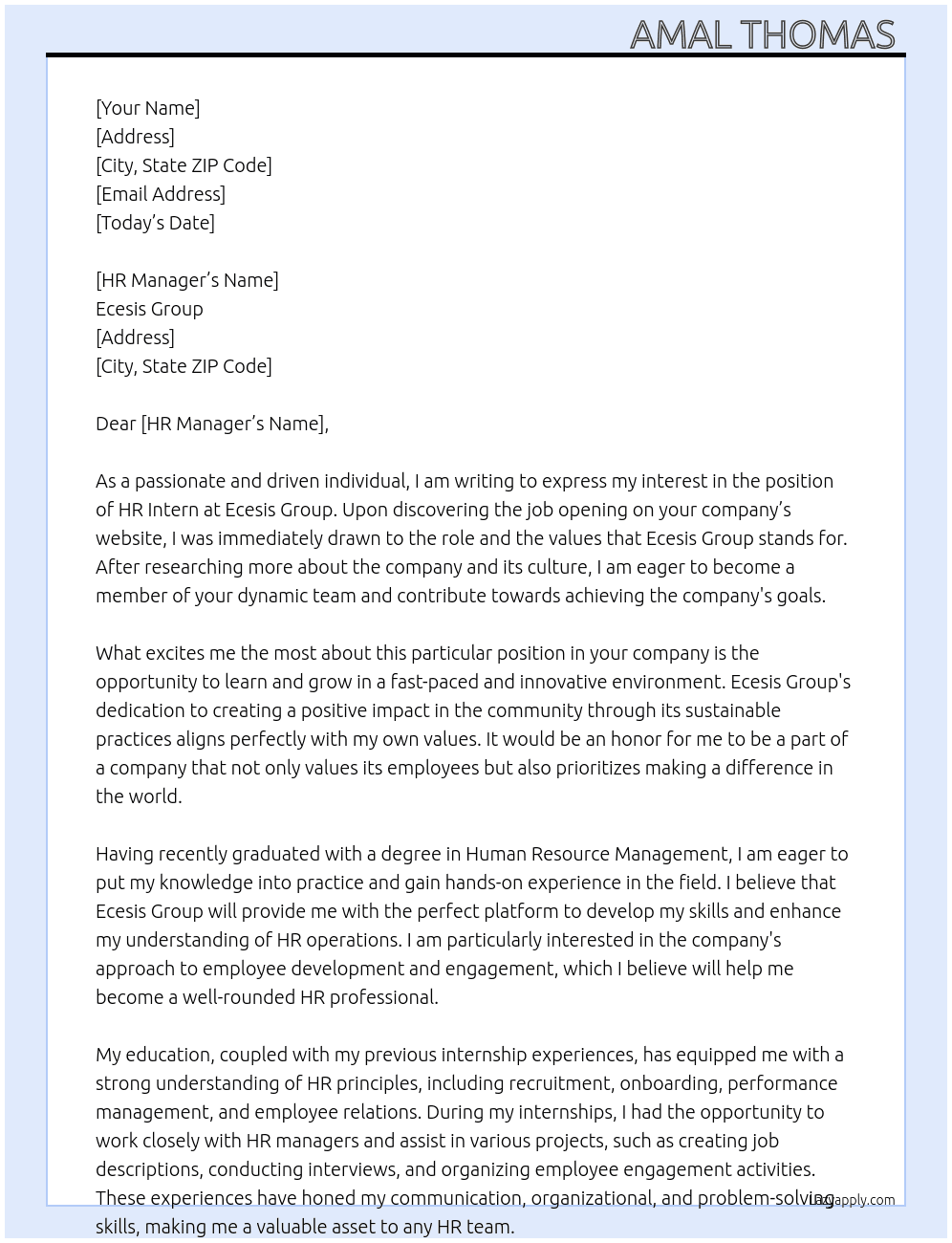 Hr Intern At Ecesis Group  Cover Letter