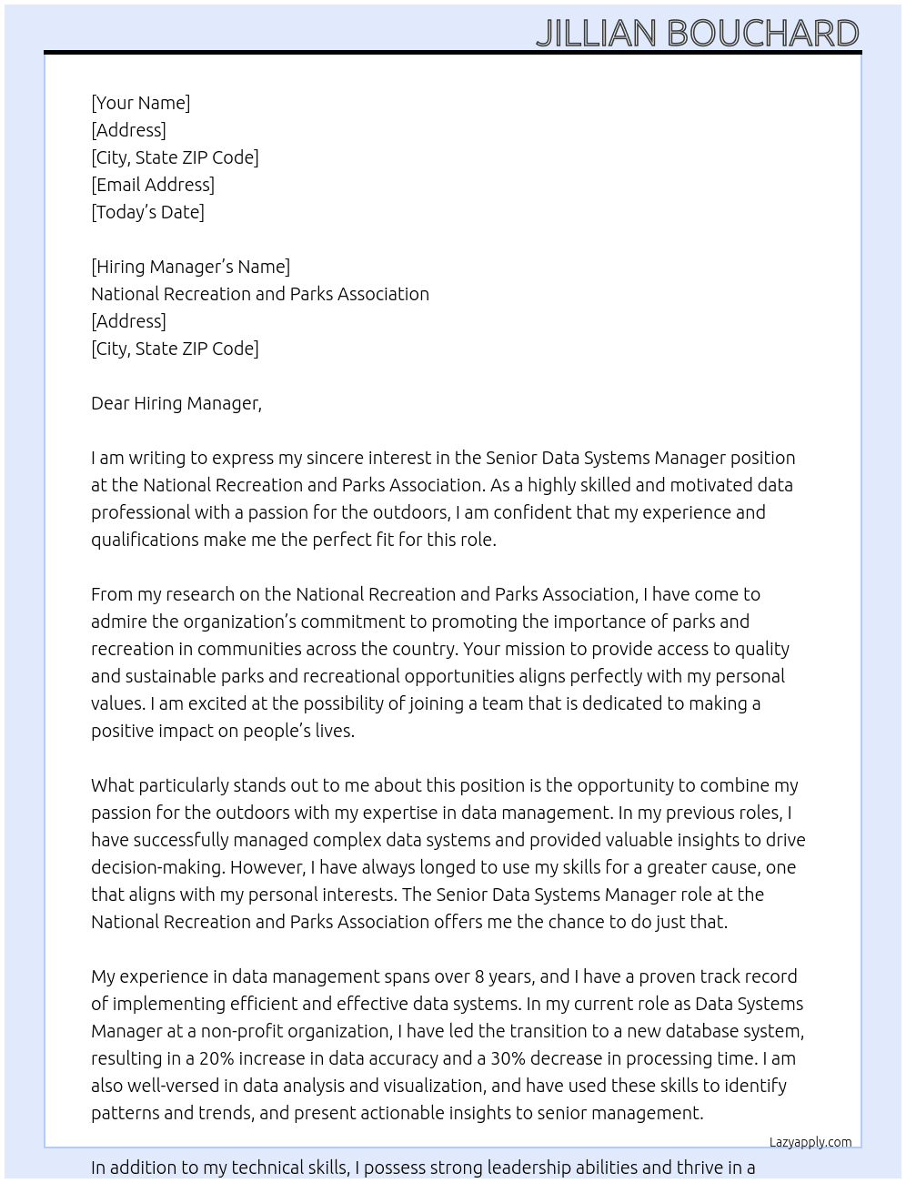 Senior Data Systems Manager At National Recreation and Parks Association Cover Letter