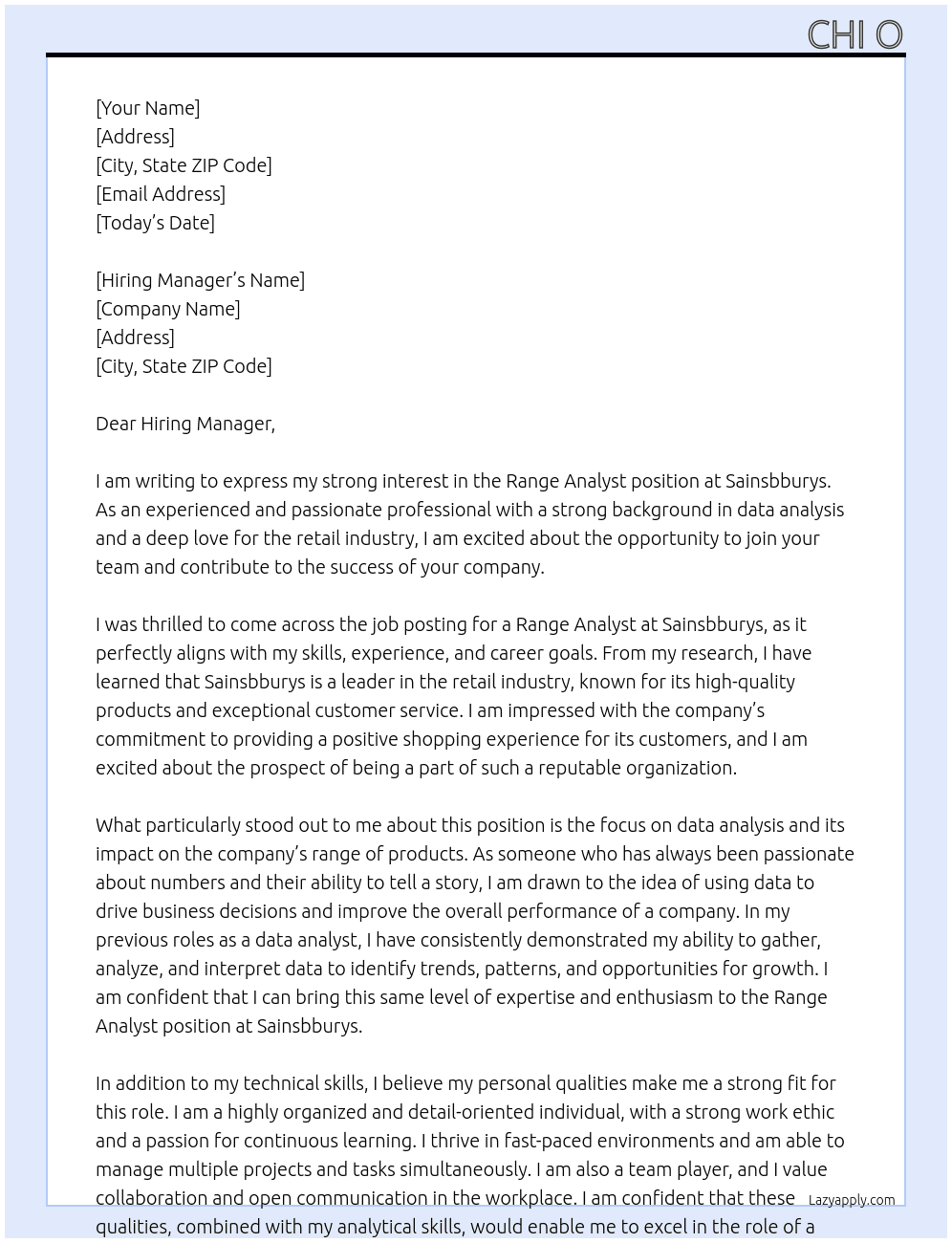 Range Analyst At Sainsbburys Cover Letter