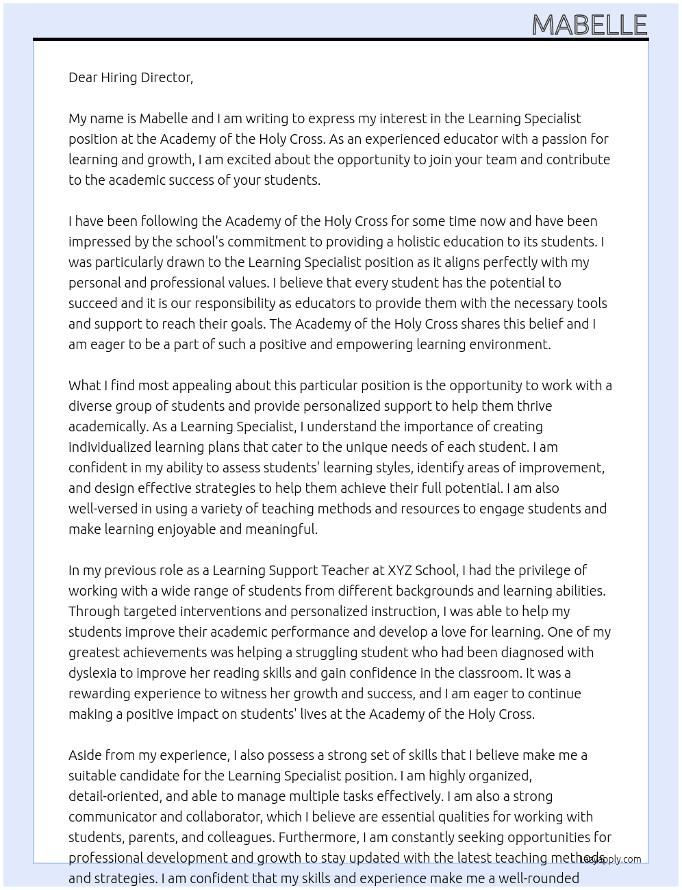 Learning Specialist At Academy of the Holy Cross Cover Letter
