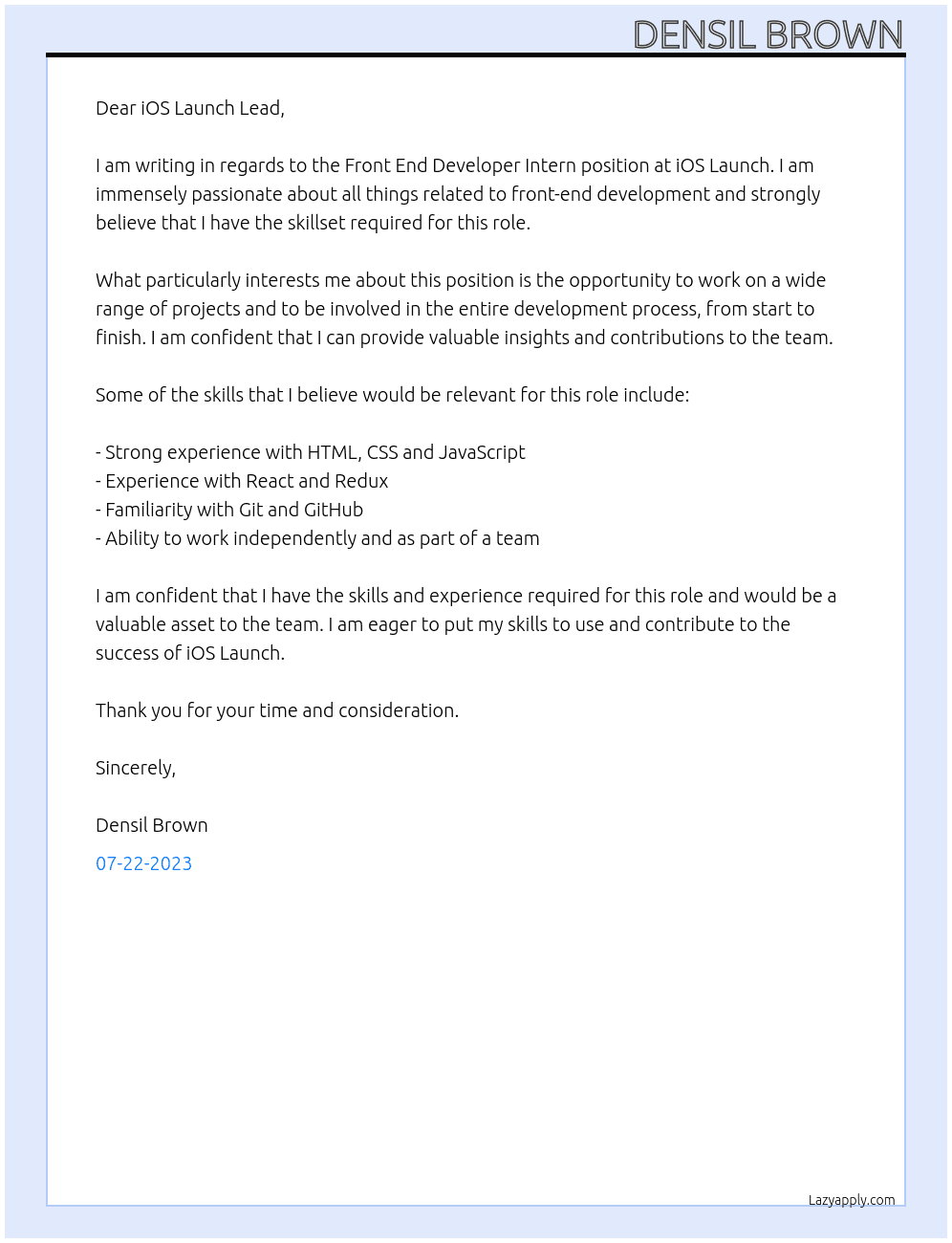 Front End Developer Intern At iOS Launch Cover Letter