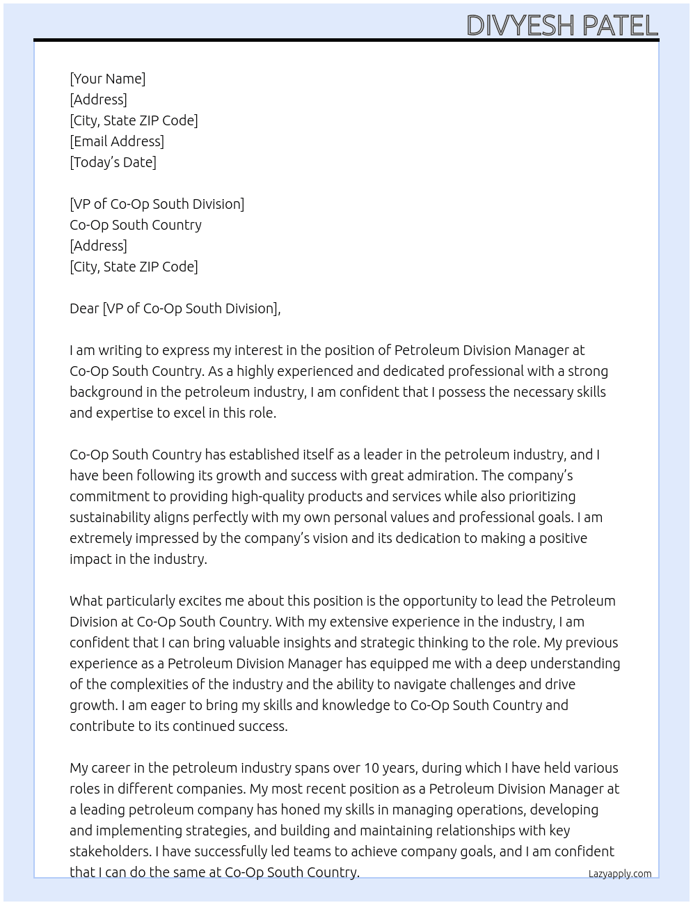 Petroleum Division Manager At Co-Op South Country Cover Letter