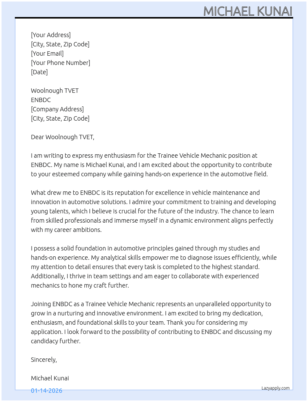 Trainee vehicle machanic At ENBDC Cover Letter