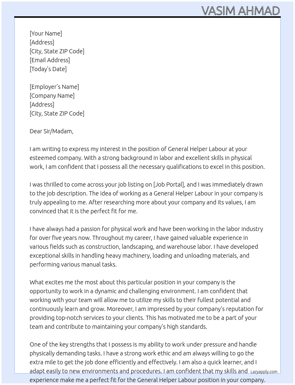 General helper labour  At I want to apply job in your company  Cover Letter