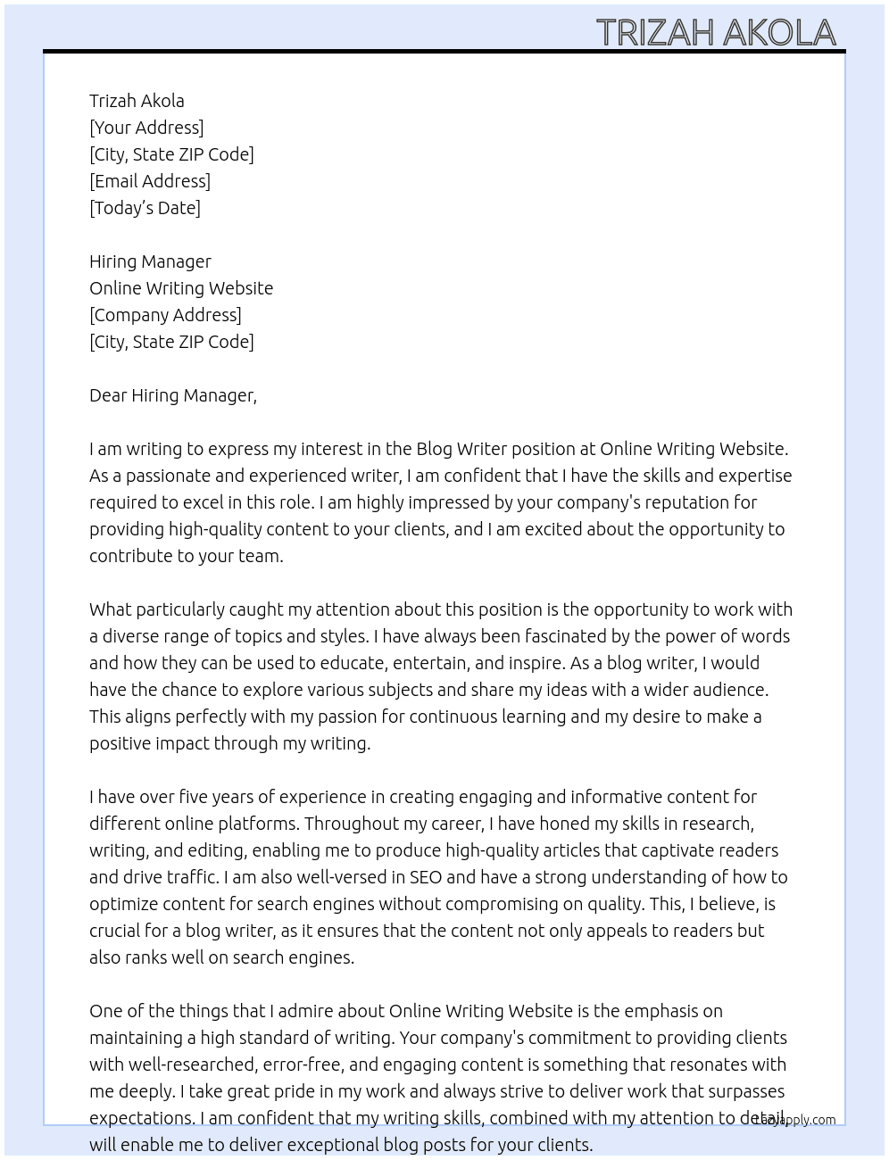 Blog writer At Online writing website  Cover Letter