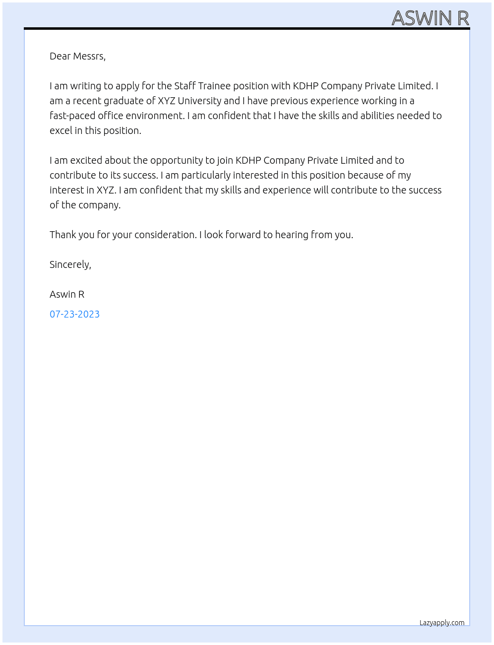 Staff Traainee At KDHP Company Private Limited  Cover Letter