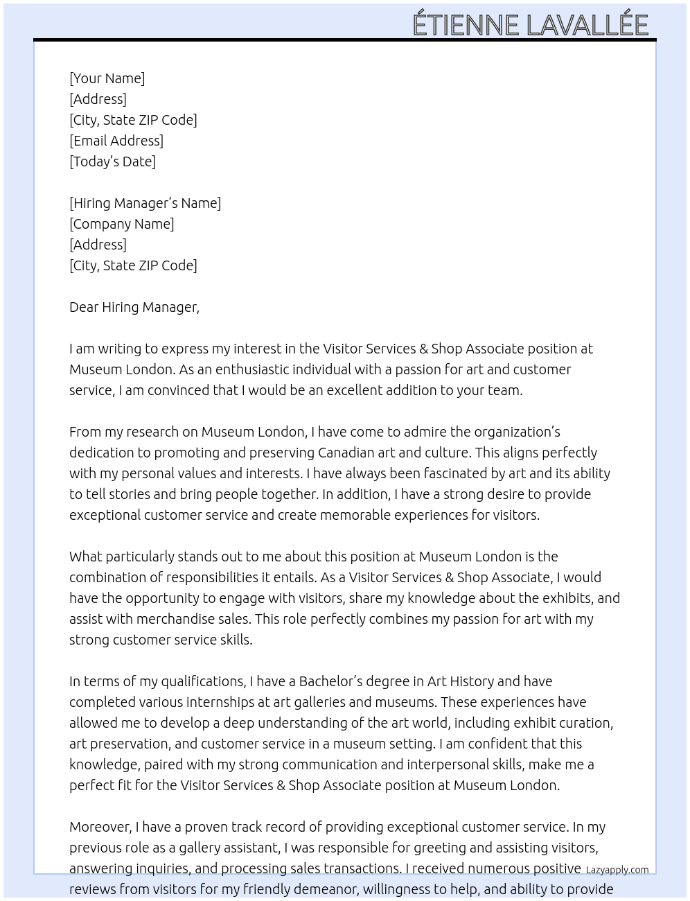 Visitor Services & Shop Associate At Museum London Cover Letter