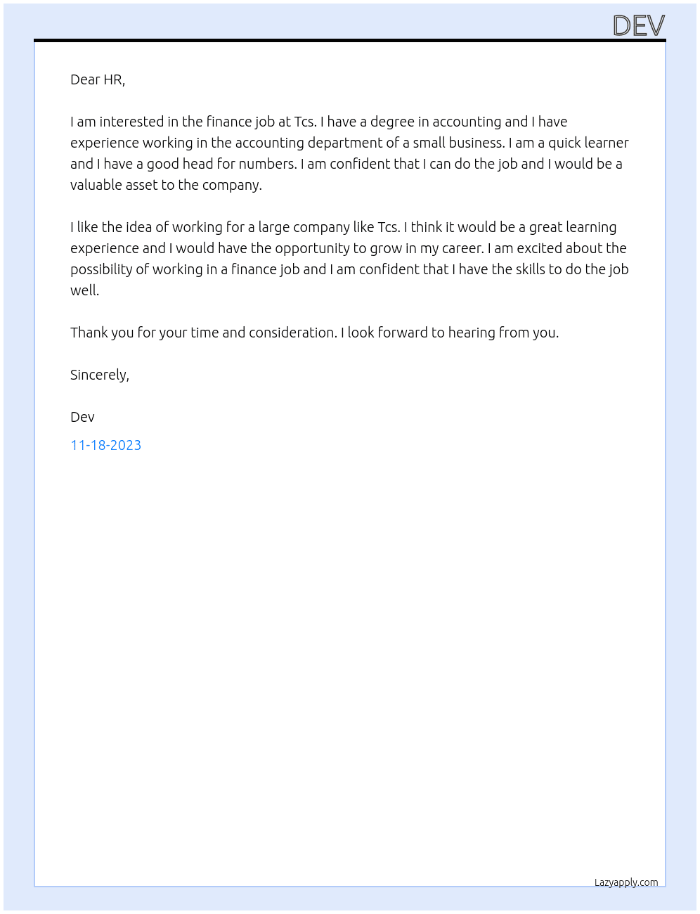 Finance job  At Tcs  Cover Letter