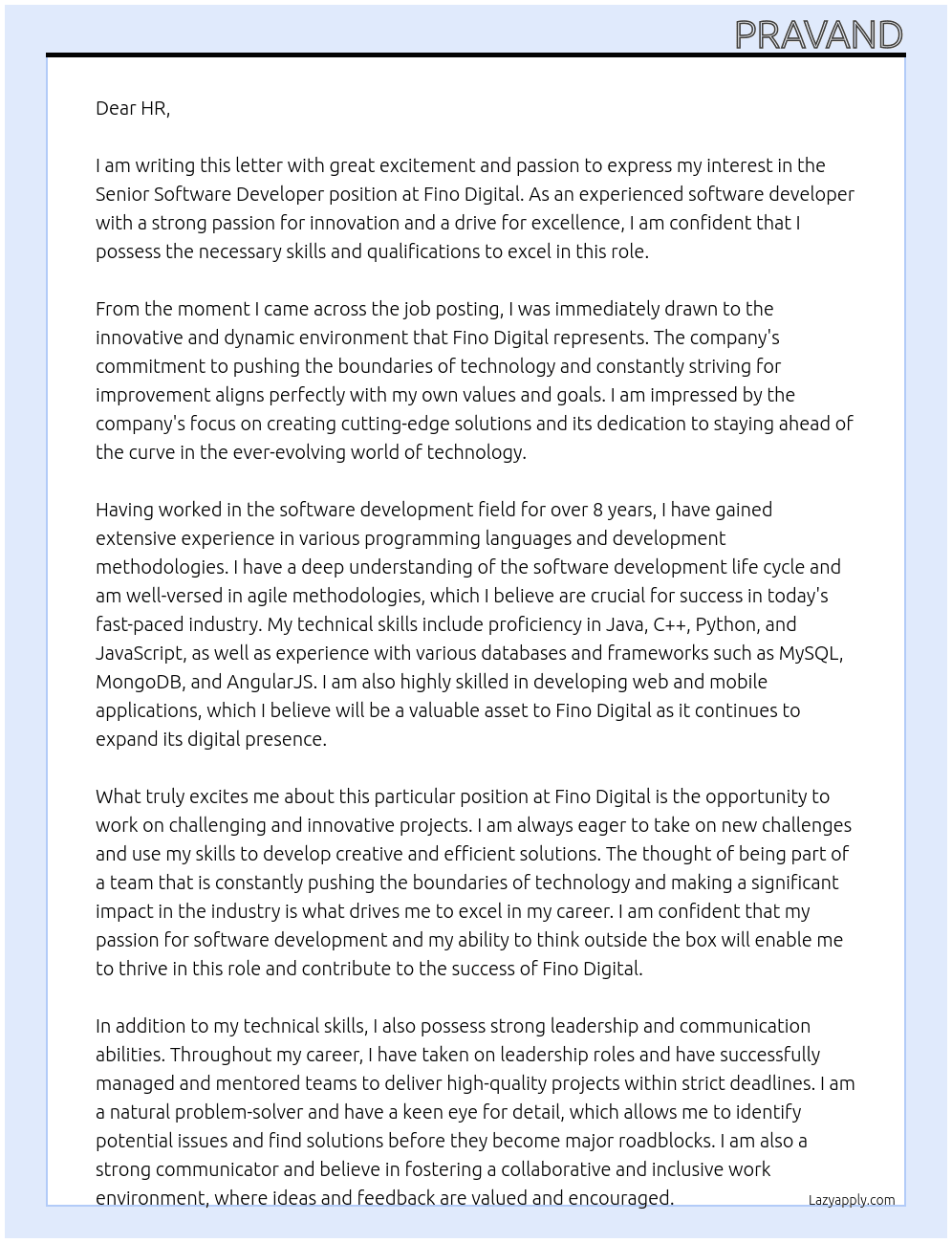 Senior Software Developer At fino digital Cover Letter