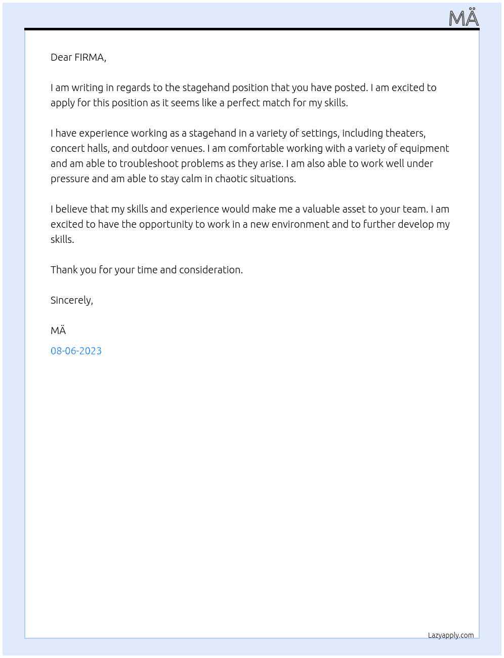 Stagehand At FIRMA Cover Letter
