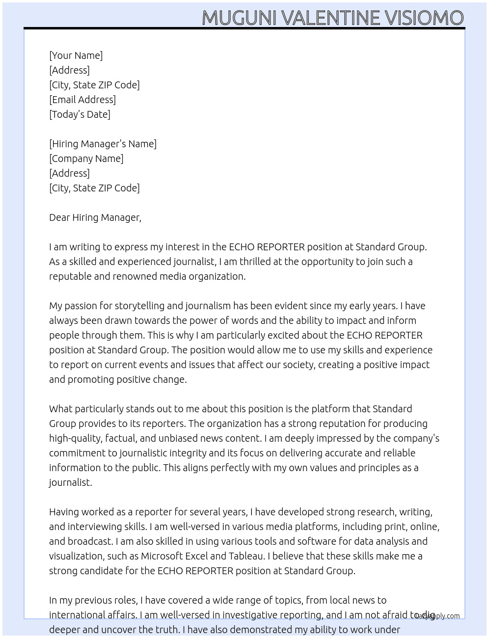 ECHO REPORTER At Standard Group Cover Letter