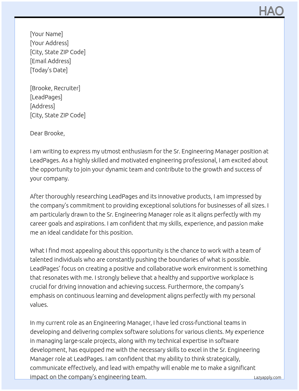 Sr. Engineering Manager At LeadPages Cover Letter