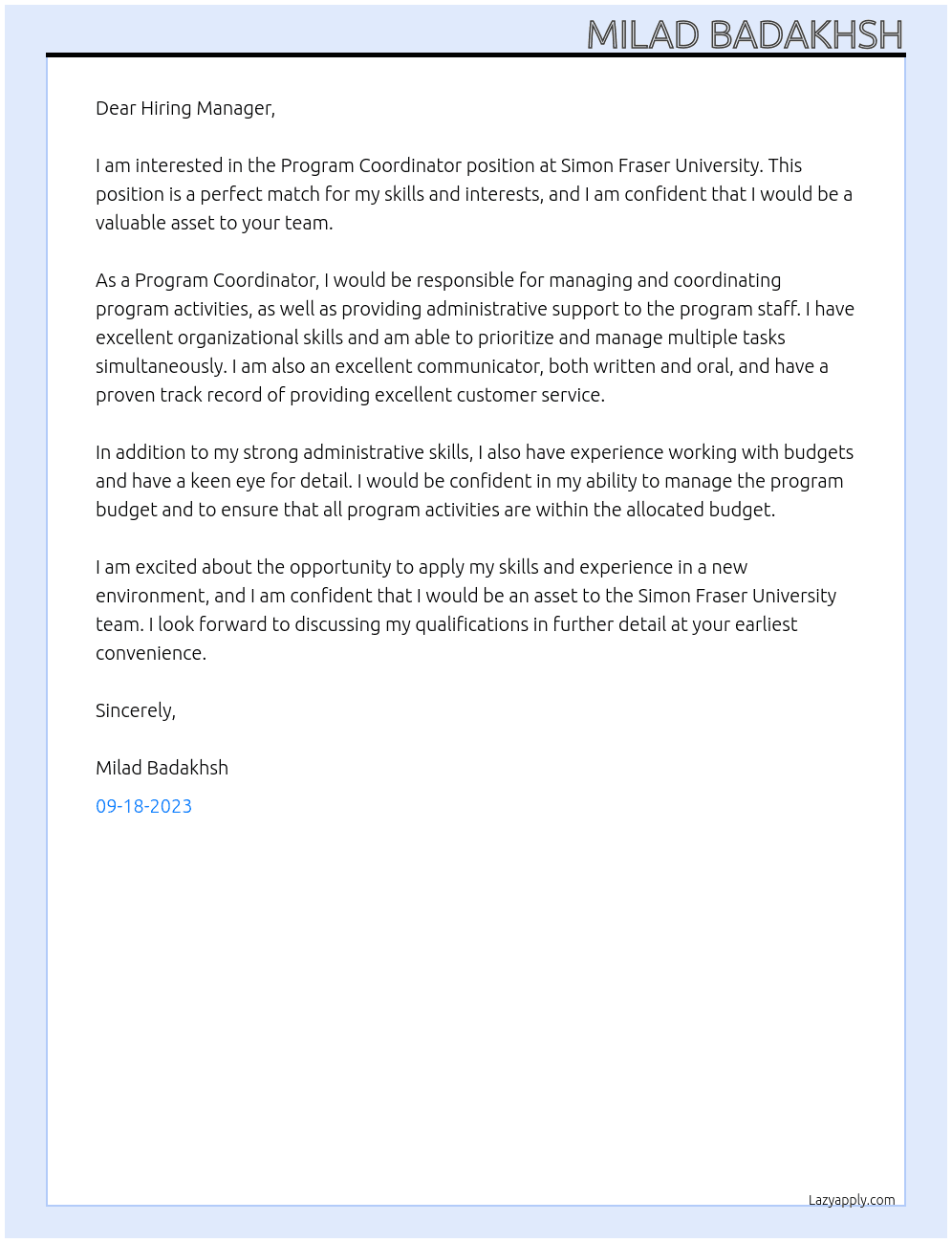 Program coordinator  At Simon Fraser University Cover Letter