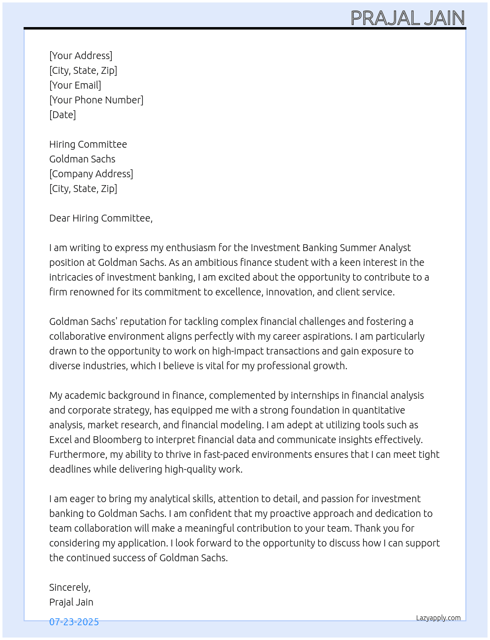 Cover letter for investment banking summer analyst program - LazyApply