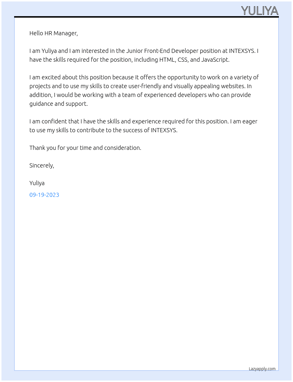 Junior Front-End Developer At INTEXSYS Cover Letter