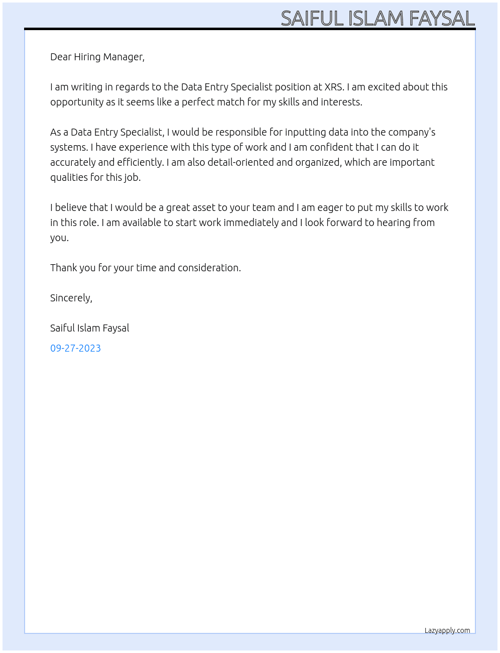 Data entry specialist At xrs Cover Letter